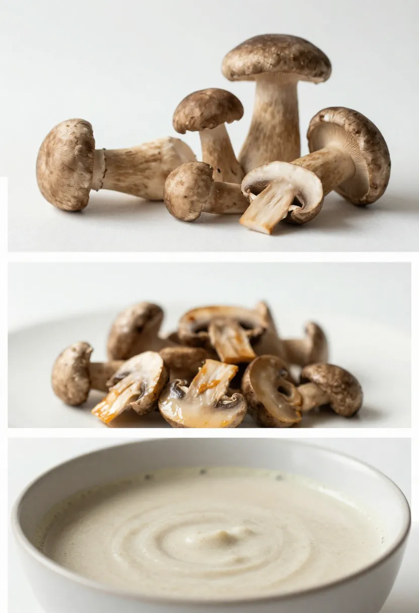 Wild mushroom soup with fresh mushrooms in a light, natural collage.
