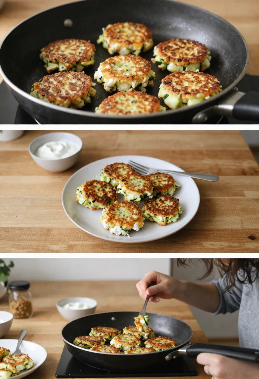 Collage of zucchini and ricotta fritters in cooking, serving and casual eating moments