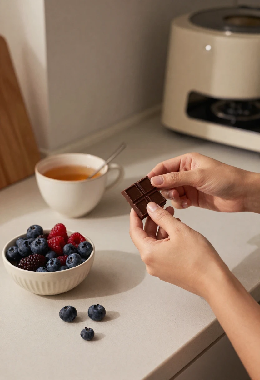 Person enjoying a small piece of dark chocolate as part of a balanced routine