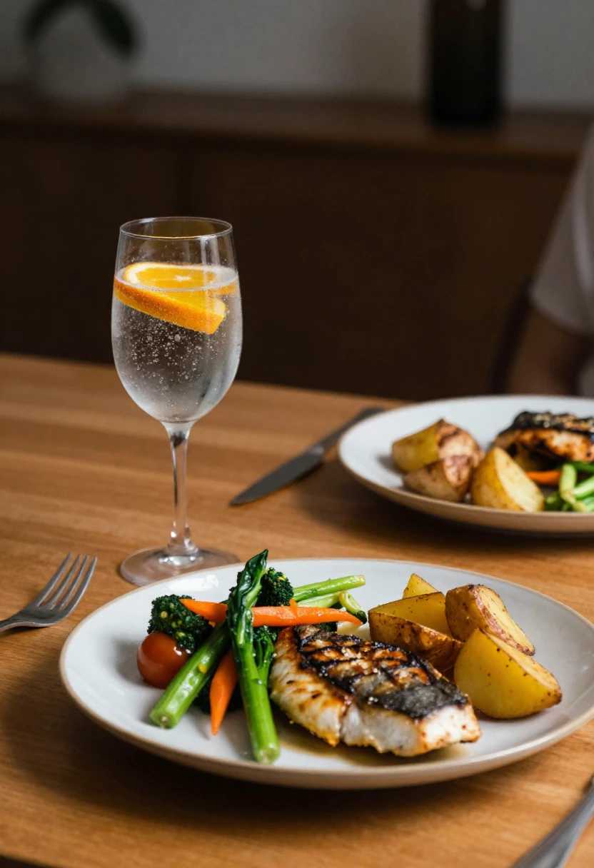 A balanced dinner with sparkling water and a small wine glass aside, representing a mindful approach to alcohol and digestion.