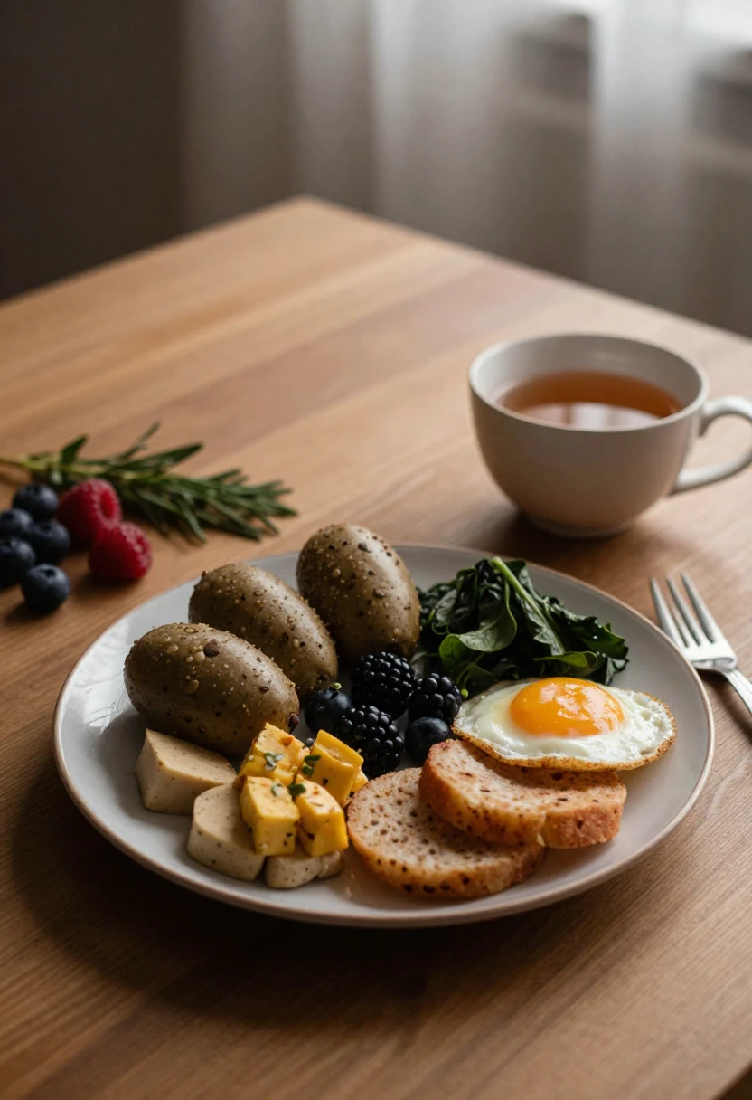 A peaceful table with colorful whole foods, berries, herbs, and tea in soft evening light.