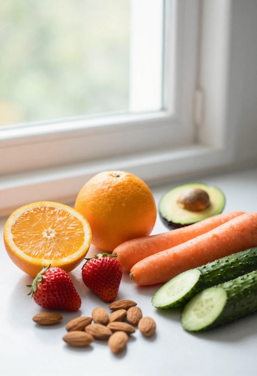 Fresh antioxidant-rich foods like citrus, berries, avocado, carrots, and almonds near a sunny window.