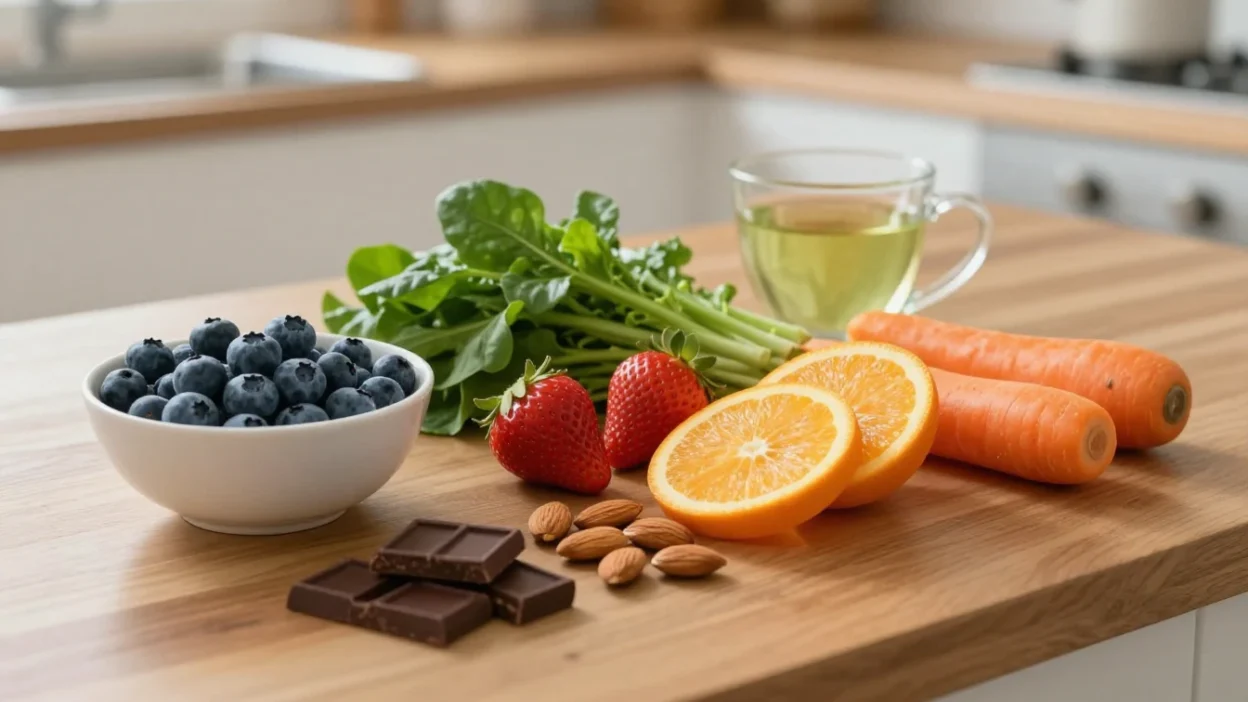 A cozy table with antioxidant-rich foods including berries, leafy greens, citrus, carrots, almonds, green tea, and dark chocolate.
