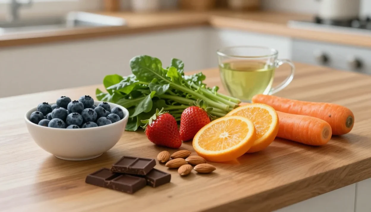 A cozy table with antioxidant-rich foods including berries, leafy greens, citrus, carrots, almonds, green tea, and dark chocolate.