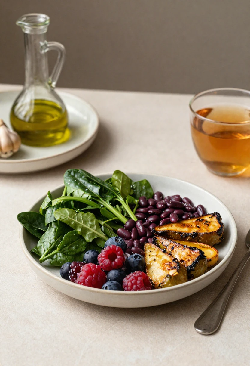 A colorful whole-food meal with berries, greens, beans, and tea in a calm home setting.