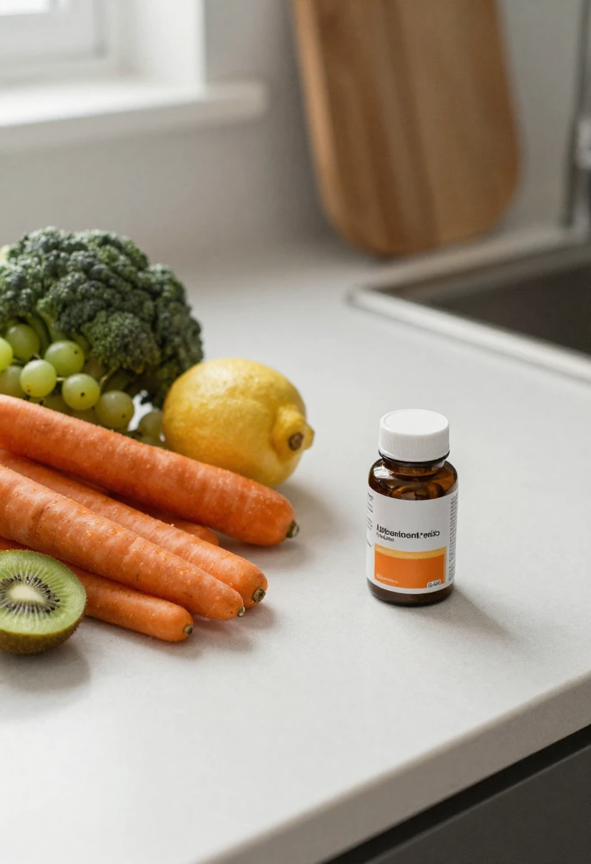 Whole antioxidant-rich foods next to a small supplement bottle on a kitchen counter.