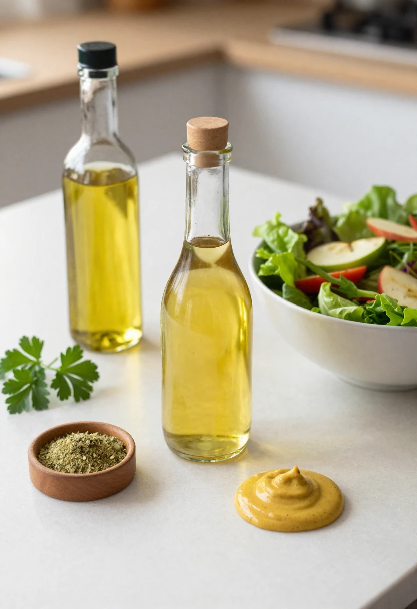 Apple cider vinegar used in a simple homemade salad dressing with fresh ingredients.