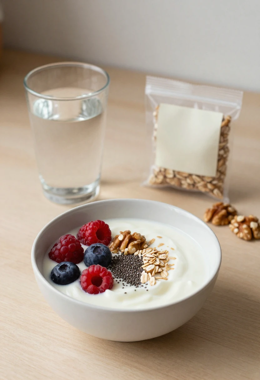 Fiber-rich yogurt bowl with berries and oats representing gut health and artificial sweetener awareness.