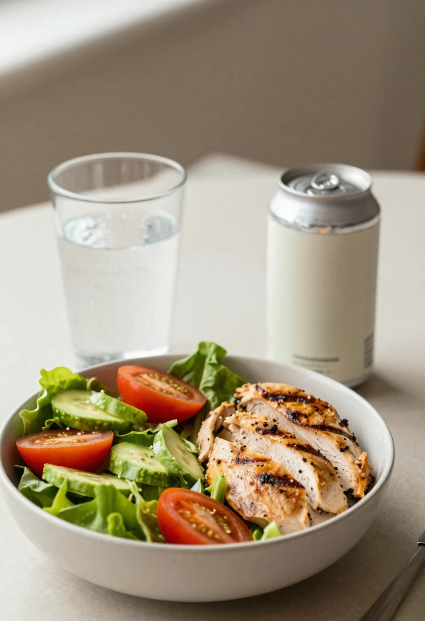 Balanced meal with a zero-sugar drink showing how artificial sweeteners may fit into weight management.