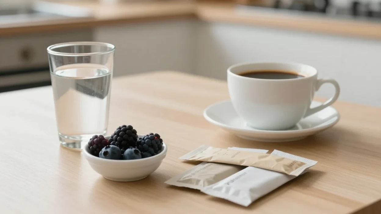 Artificial sweeteners with coffee, water, and fresh berries on a bright kitchen table.