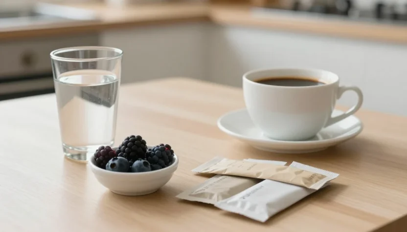Artificial sweeteners with coffee, water, and fresh berries on a bright kitchen table.