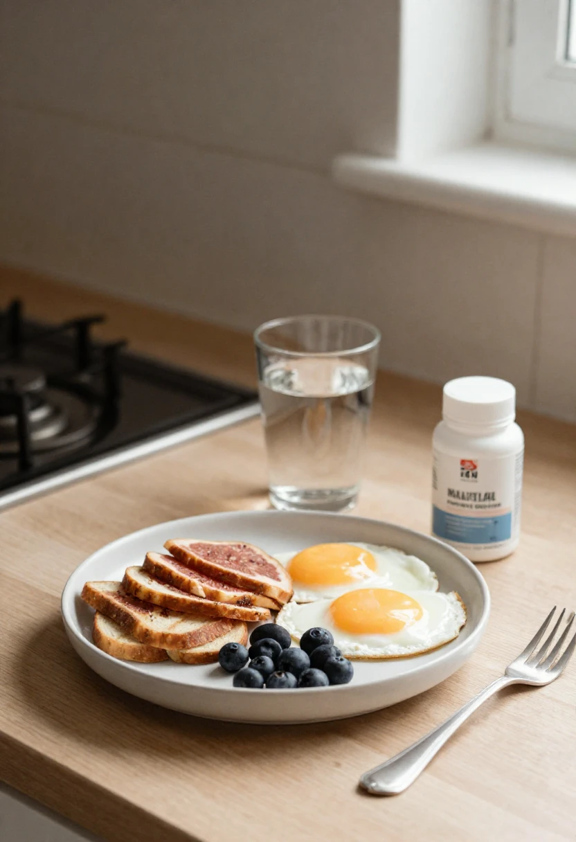 Simple balanced wellness routine with breakfast and one supplement