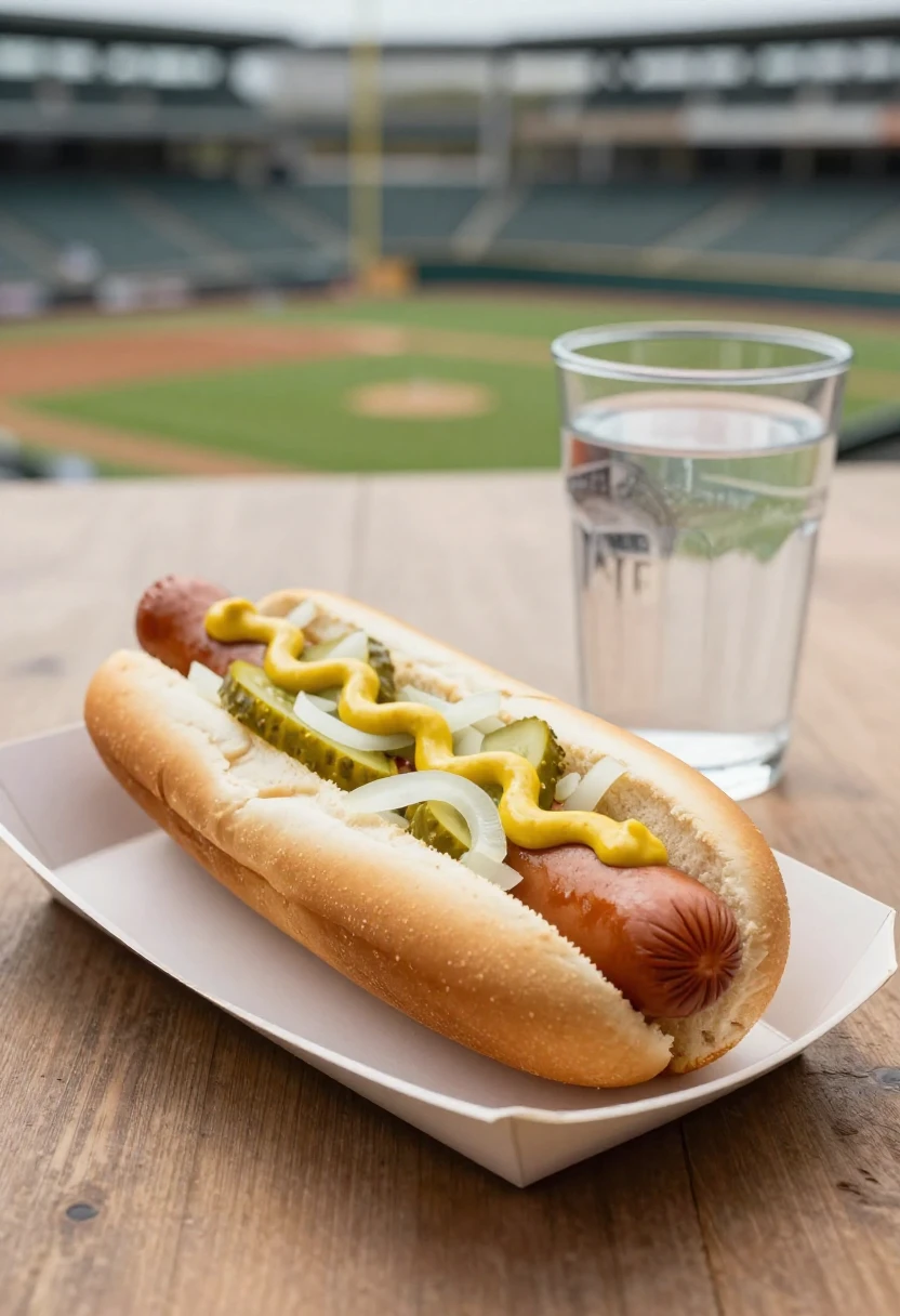 Simple ballpark hot dog with classic toppings and water.