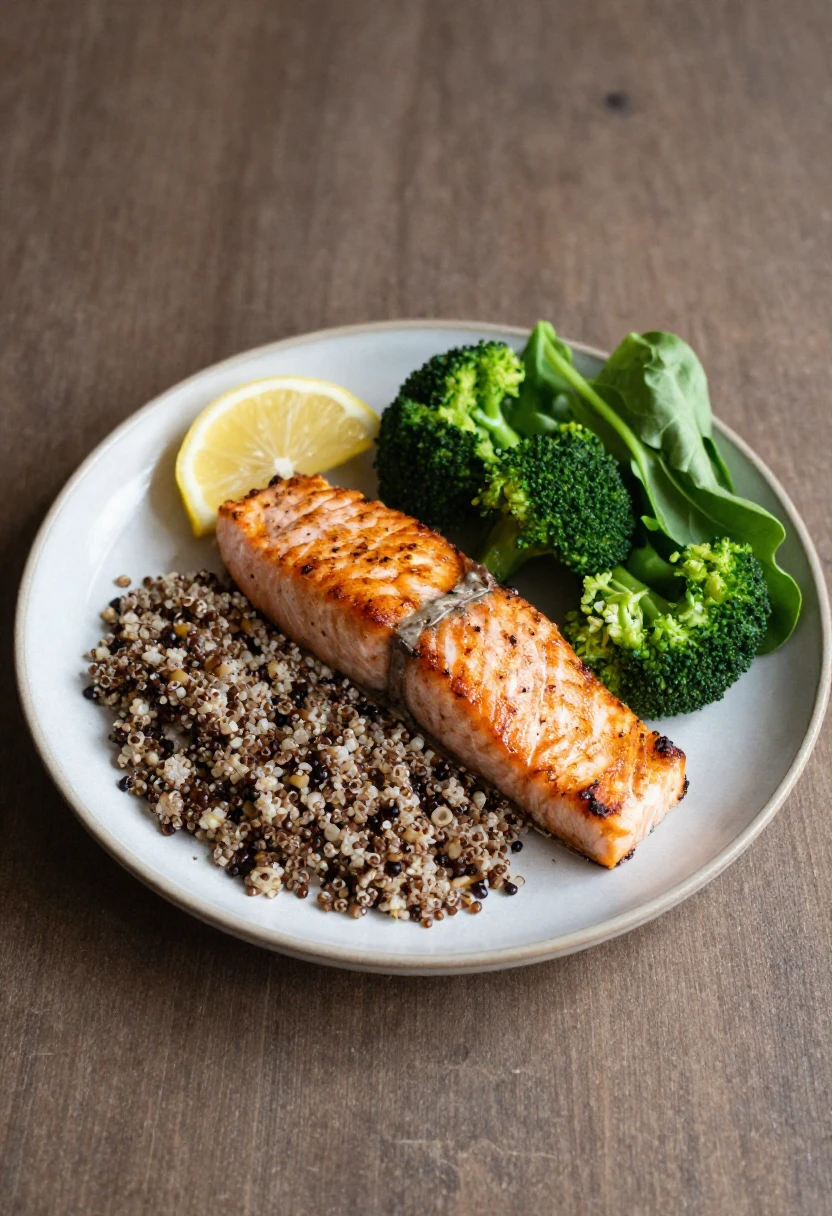 A balanced everyday meal with salmon, quinoa, broccoli, and greens.