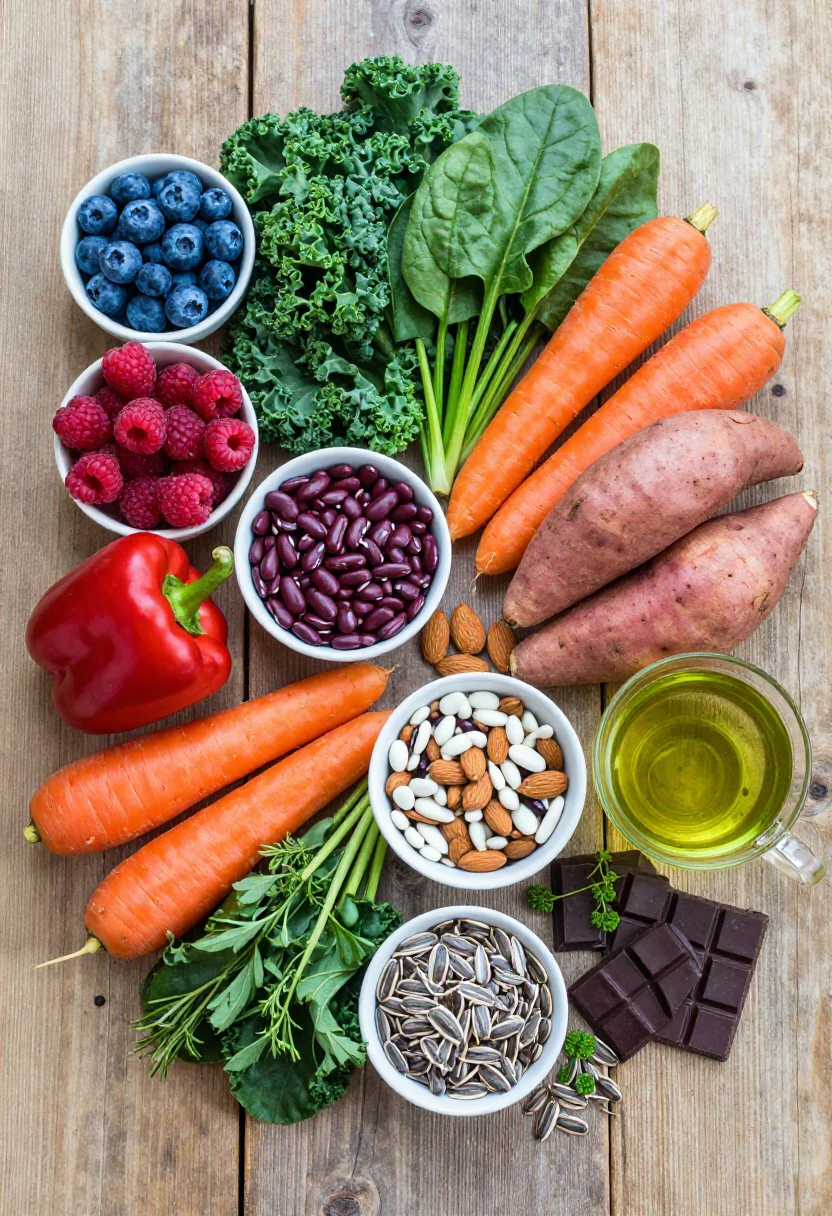 An overhead view of many antioxidant-rich foods including berries, greens, vegetables, beans, nuts, seeds, tea, and dark chocolate.