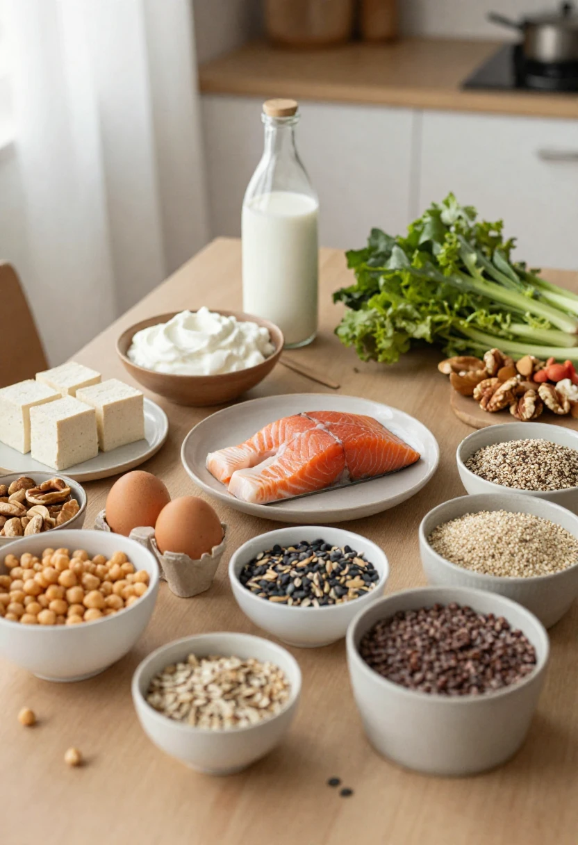 A table filled with animal and plant-based protein-rich foods in soft natural light