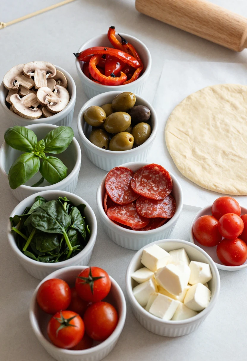 Bowls of fresh pizza toppings arranged beside homemade pizza dough