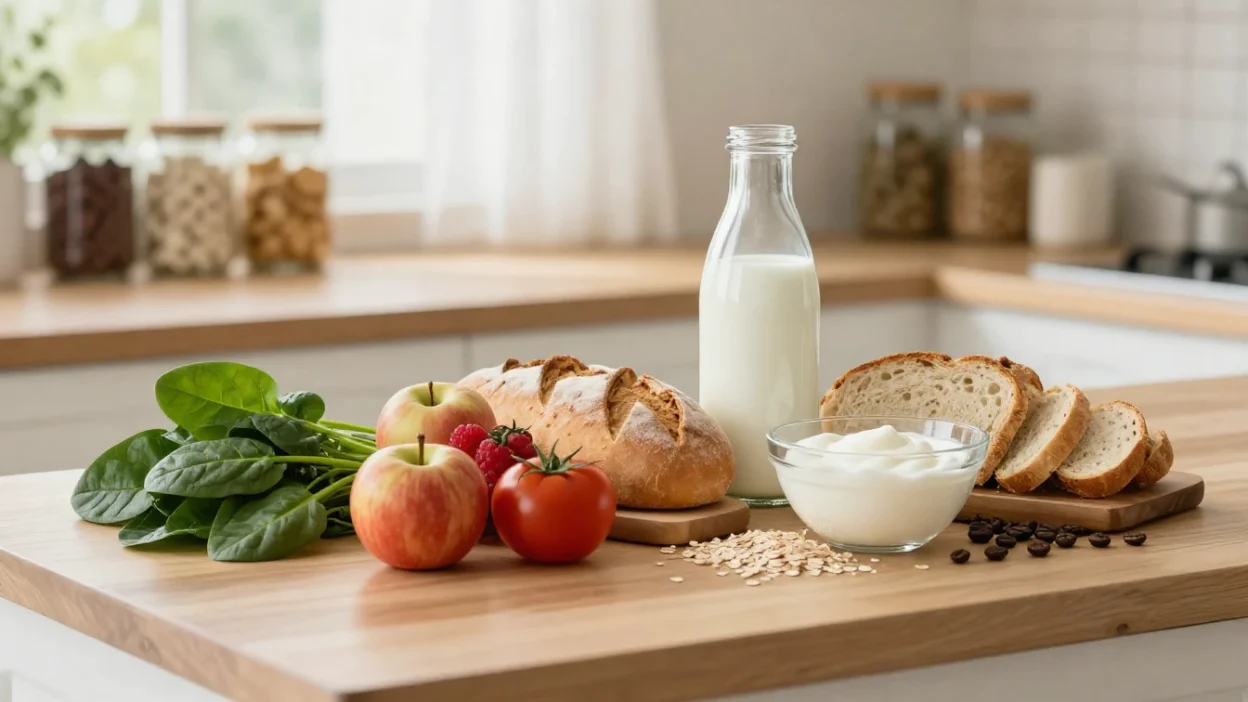 Assorted organic foods on a cozy kitchen counter, including spinach, apples, tomatoes, berries, yogurt, milk, oats, and coffee