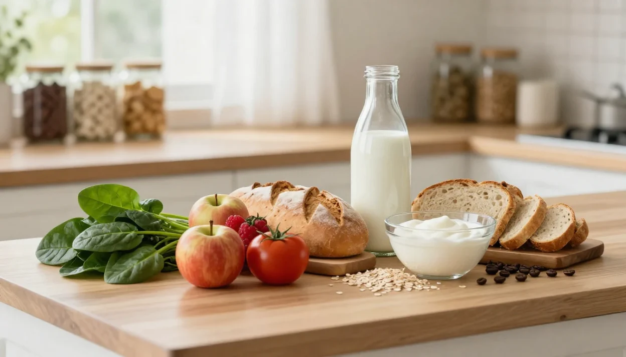 Assorted organic foods on a cozy kitchen counter, including spinach, apples, tomatoes, berries, yogurt, milk, oats, and coffee