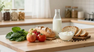 Assorted organic foods on a cozy kitchen counter, including spinach, apples, tomatoes, berries, yogurt, milk, oats, and coffee