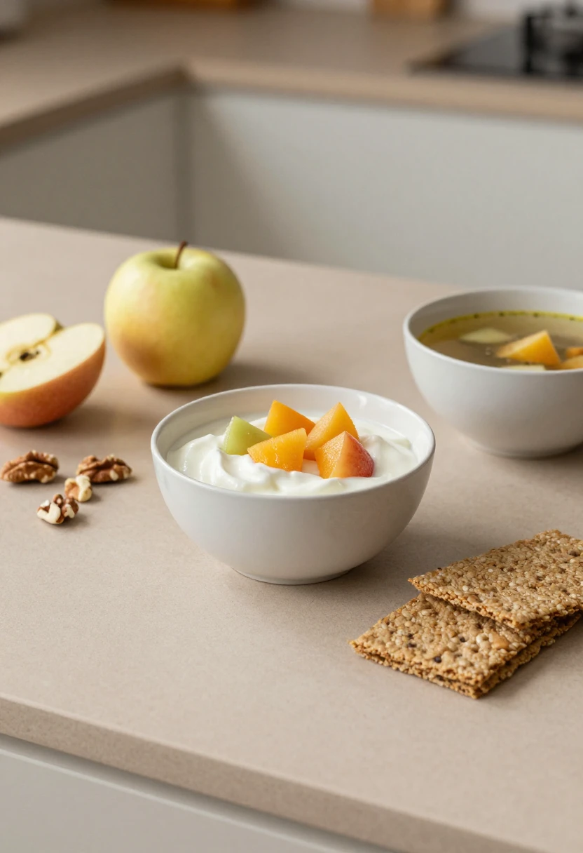 A calm kitchen table with simple healthy foods that make better eating feel easier.