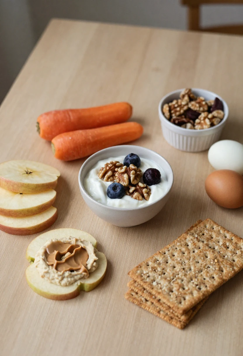 Healthy satisfying snacks with apple slices, peanut butter, yogurt, berries, walnuts, hummus, carrots, crackers, eggs, and trail mix.
