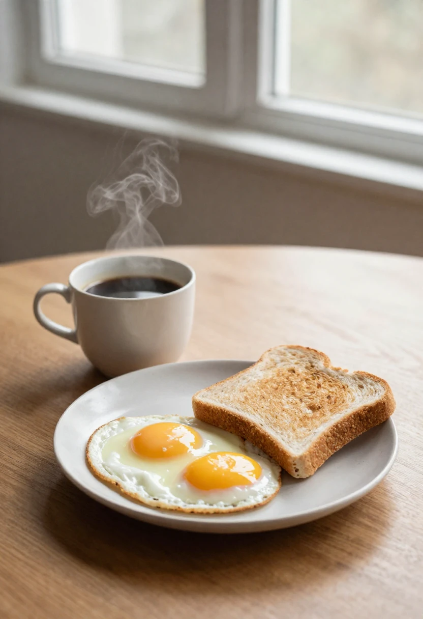 A cup of coffee served with a simple balanced breakfast in warm morning light.