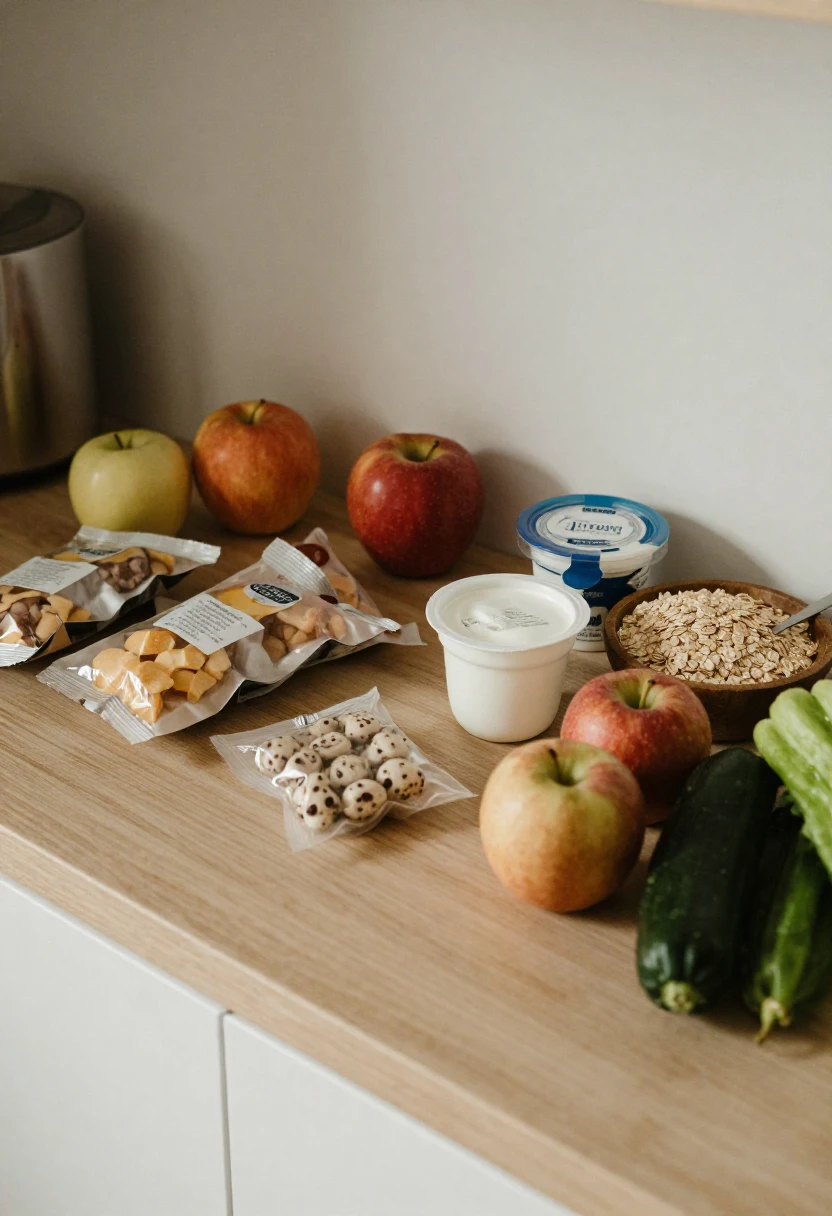 Packaged snack foods beside fresh whole ingredients showing common healthy eating mistakes