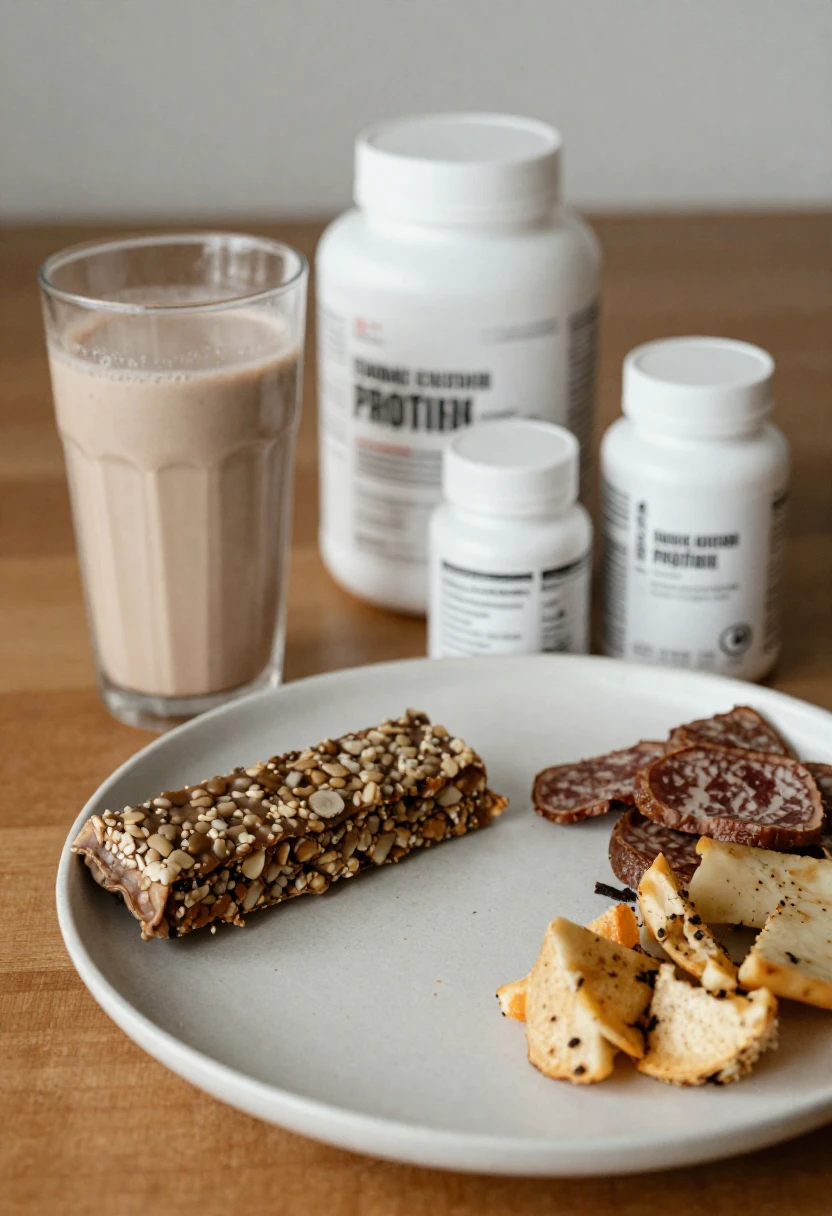 Supplements and meal replacements placed beside real food