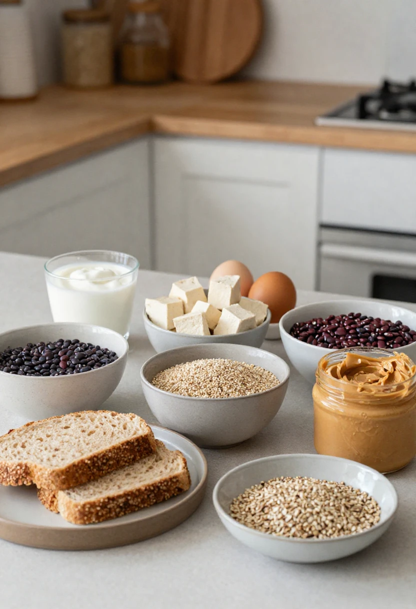Plant and animal protein foods including eggs, yogurt, tofu, quinoa, lentils, beans, and seeds arranged on a kitchen counter