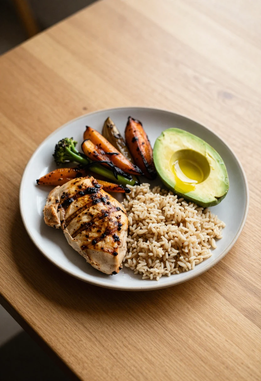 Balanced plate with protein, vegetables, healthy fats, and carbohydrates