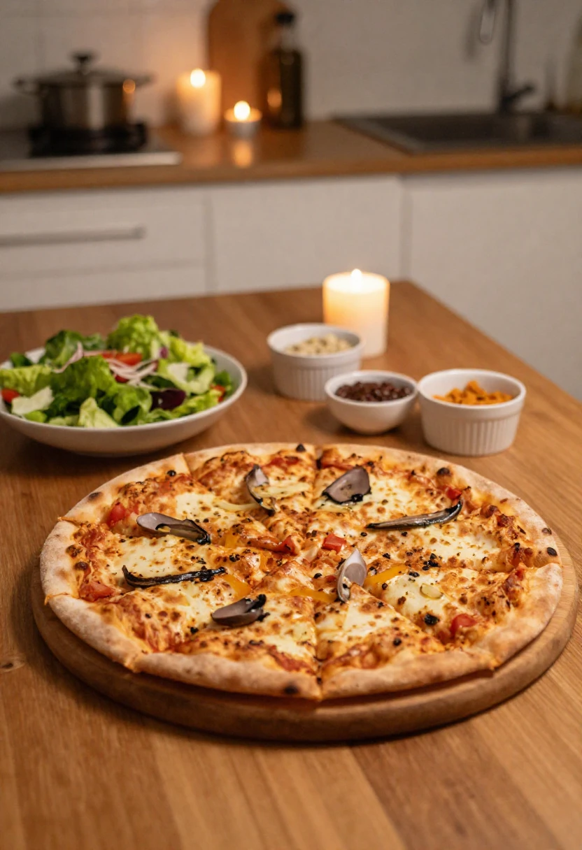 Cozy homemade pizza night table with pizza, salad, and simple toppings