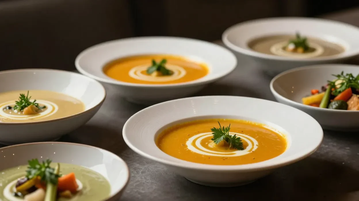 Elegant creamy soups in a stylish collage with soft lighting and refined presentation.