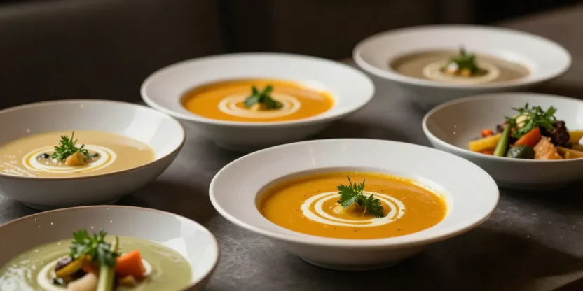 Elegant creamy soups in a stylish collage with soft lighting and refined presentation.