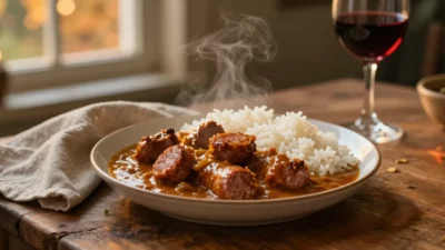 Curried sausages with rice served in a warm, cozy evening setting
