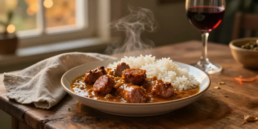 Curried sausages with rice served in a warm, cozy evening setting
