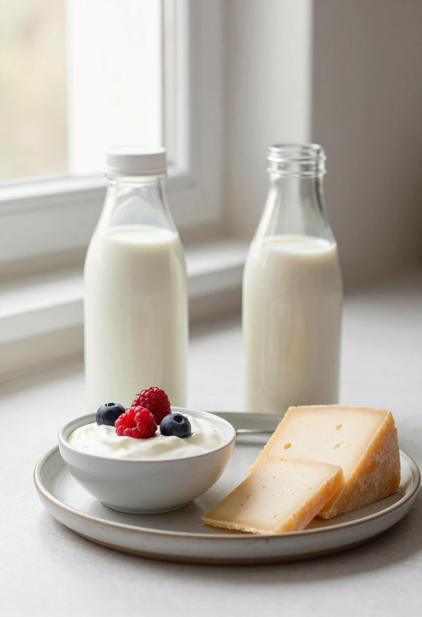 Lactose-free milk, Greek yogurt, oat milk, and hard cheese as gentler dairy options for lactose-sensitive digestion.