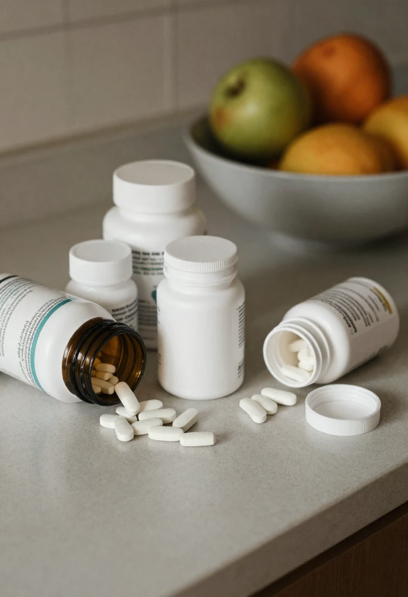 Too many supplement bottles open on a kitchen counter