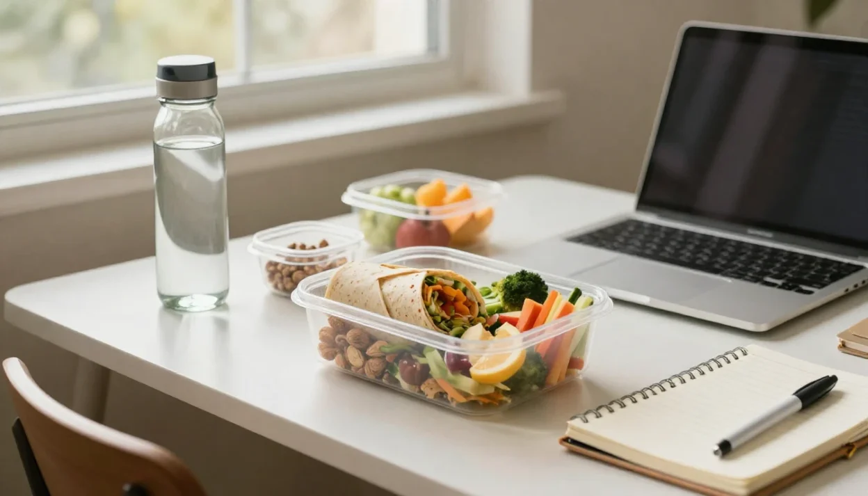 Healthy work lunch and snacks arranged on a desk for a busy weekday.
