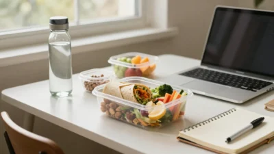 Healthy work lunch and snacks arranged on a desk for a busy weekday.