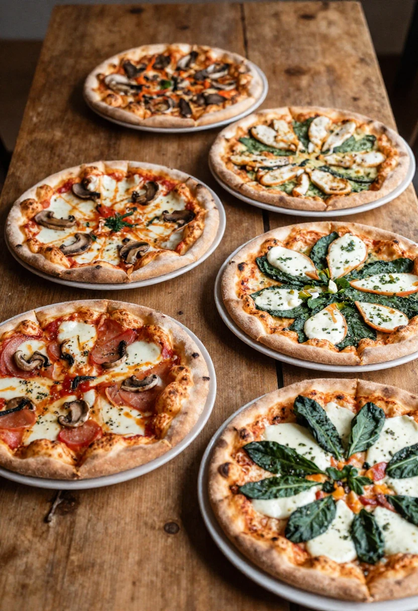 Different homemade pizza ideas with margherita, mushroom, pesto chicken, veggie, and white pizza