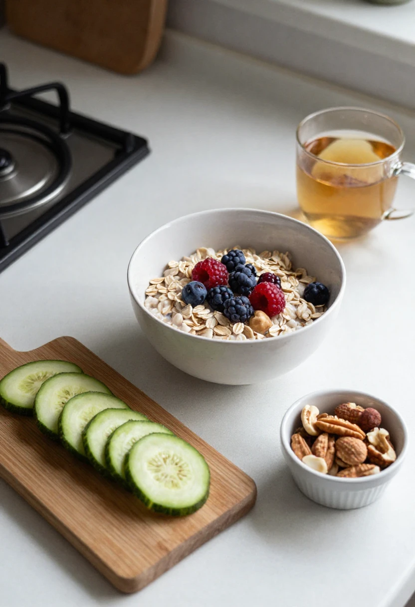 Simple everyday food prep with berries, vegetables, nuts, oatmeal, and tea.