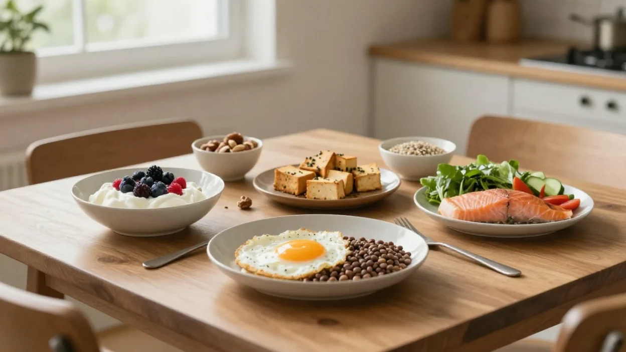 Protein-rich whole foods including eggs, yogurt, salmon, lentils, tofu, quinoa, nuts, and vegetables on a warmly lit kitchen table