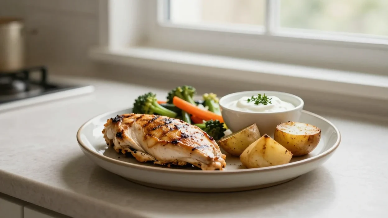 A balanced gut-friendly meal with grilled chicken, cooked vegetables, roasted potatoes, and yogurt in a cozy kitchen setting.