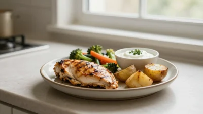 A balanced gut-friendly meal with grilled chicken, cooked vegetables, roasted potatoes, and yogurt in a cozy kitchen setting.