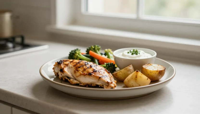 A balanced gut-friendly meal with grilled chicken, cooked vegetables, roasted potatoes, and yogurt in a cozy kitchen setting.