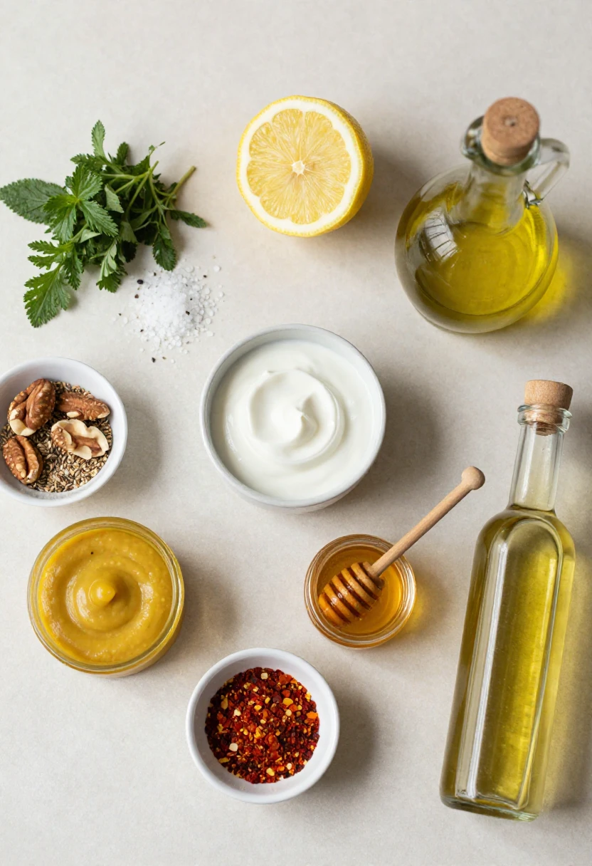Everyday ingredients like herbs, citrus, yogurt, seeds, and condiments arranged for simple meal upgrades.