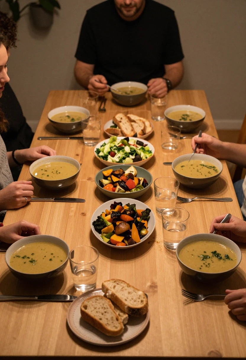 A warm family dinner table with simple homemade food served in a cozy evening setting.