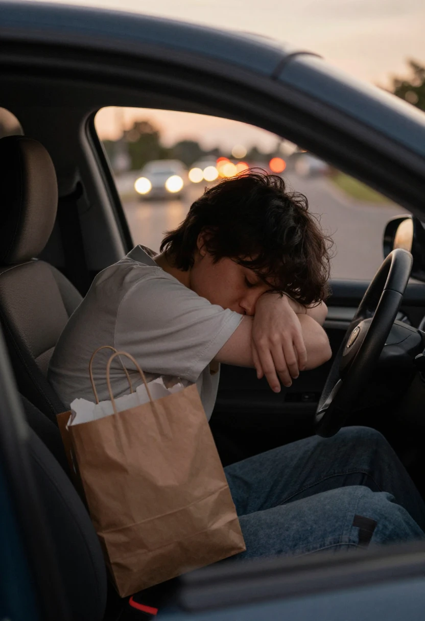 A tired person choosing takeout after a busy day, showing why fast food feels convenient.