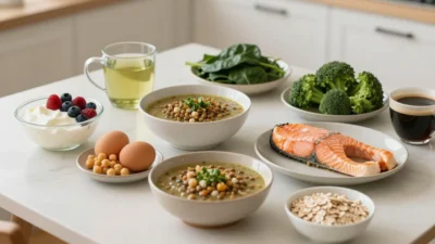 A cozy table with simple everyday foods that support a healthy metabolism, including eggs, yogurt, lentils, salmon, greens, tea, and fresh vegetables.